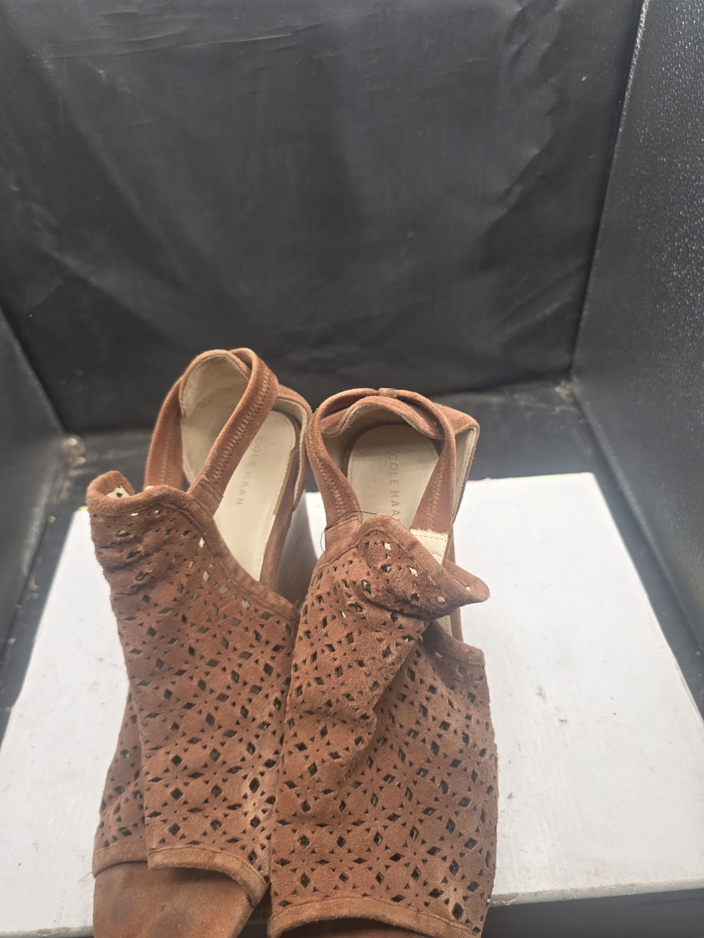 Cole Haan Brown Suede Perforated Peep-Toe Slingback Heels